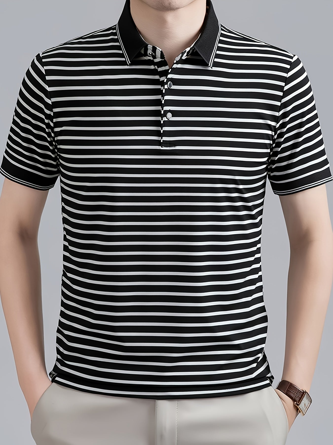 Men's Striped Polo Shirt, Short-Sleeve Lapel Collar
