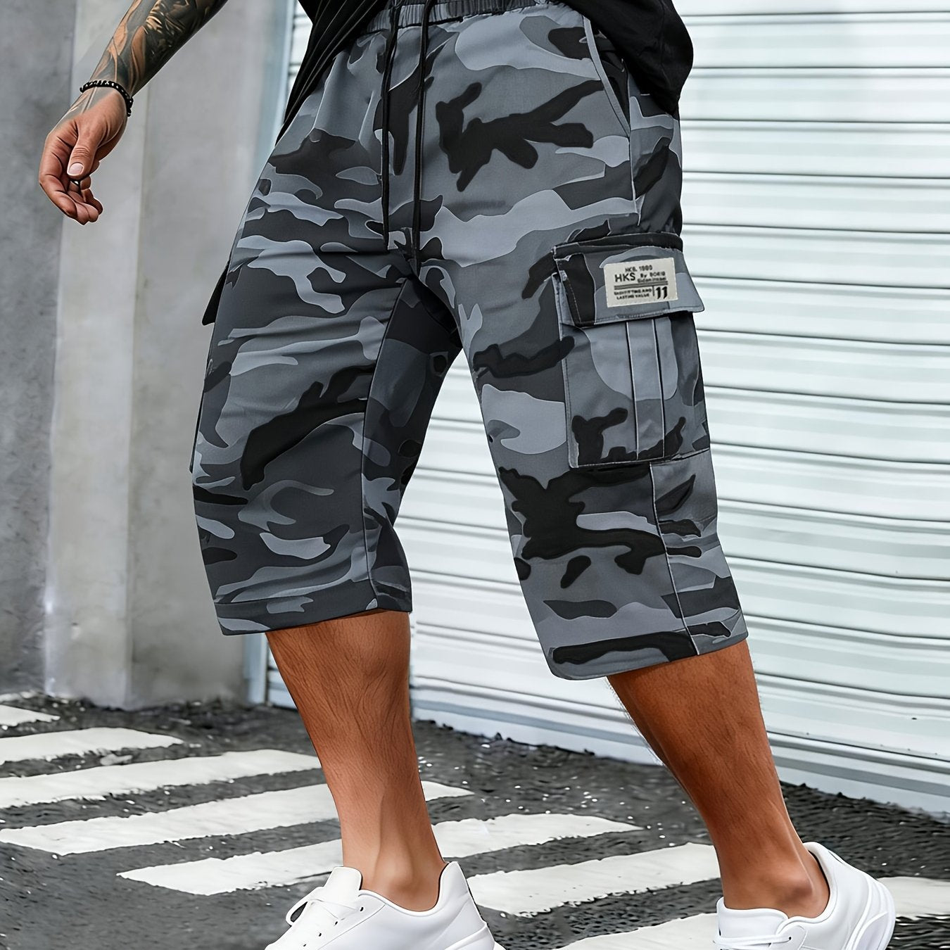 Men's Camo Cargo Capri Shorts, Multi-Pocket, Adjustable Waist