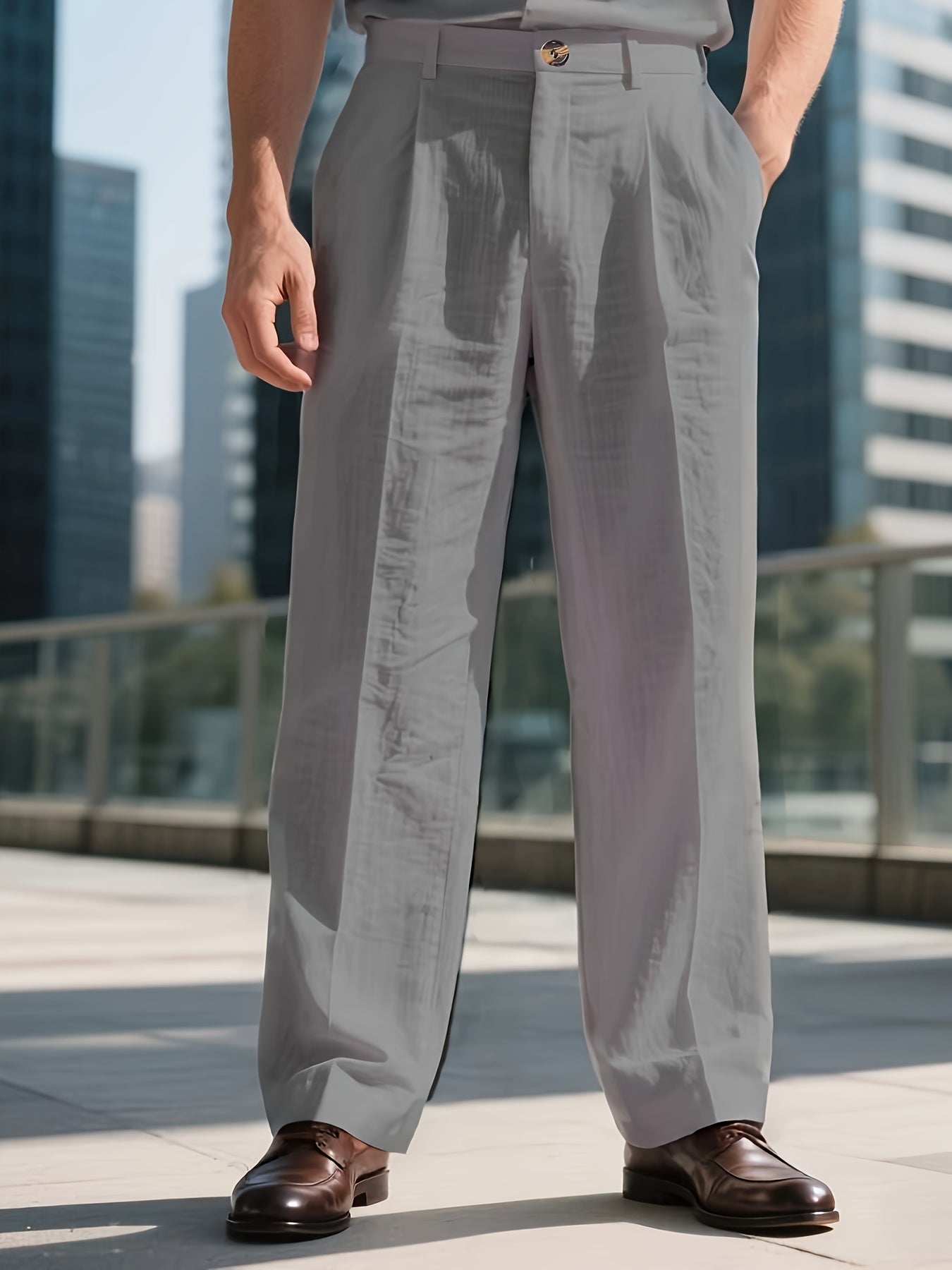 Men's Linen-Blend Trousers, Khaki, Straight-Leg Business Casual