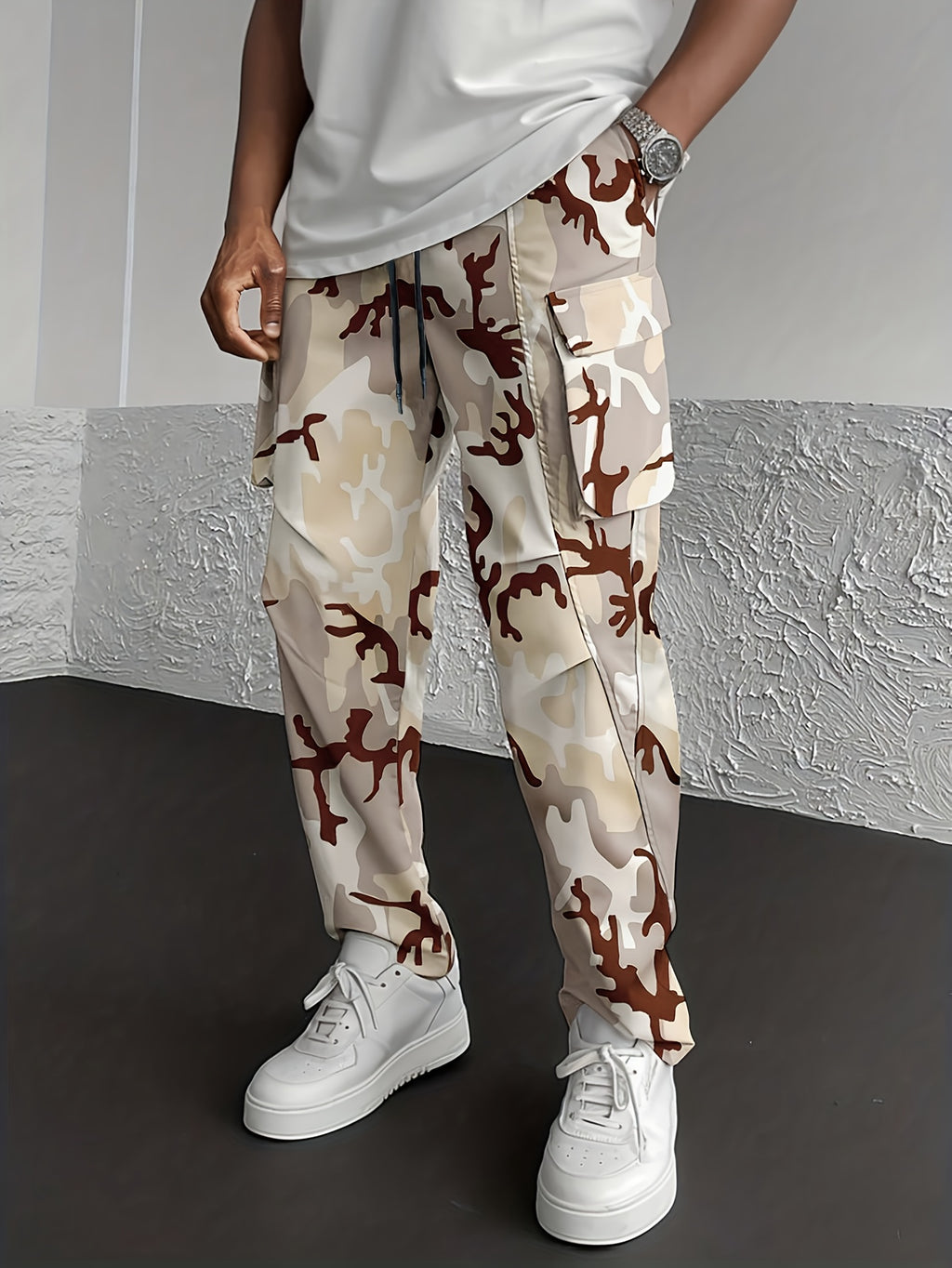 Men's Camo Cargo Pants, Flap Pockets, Drawstring Waist