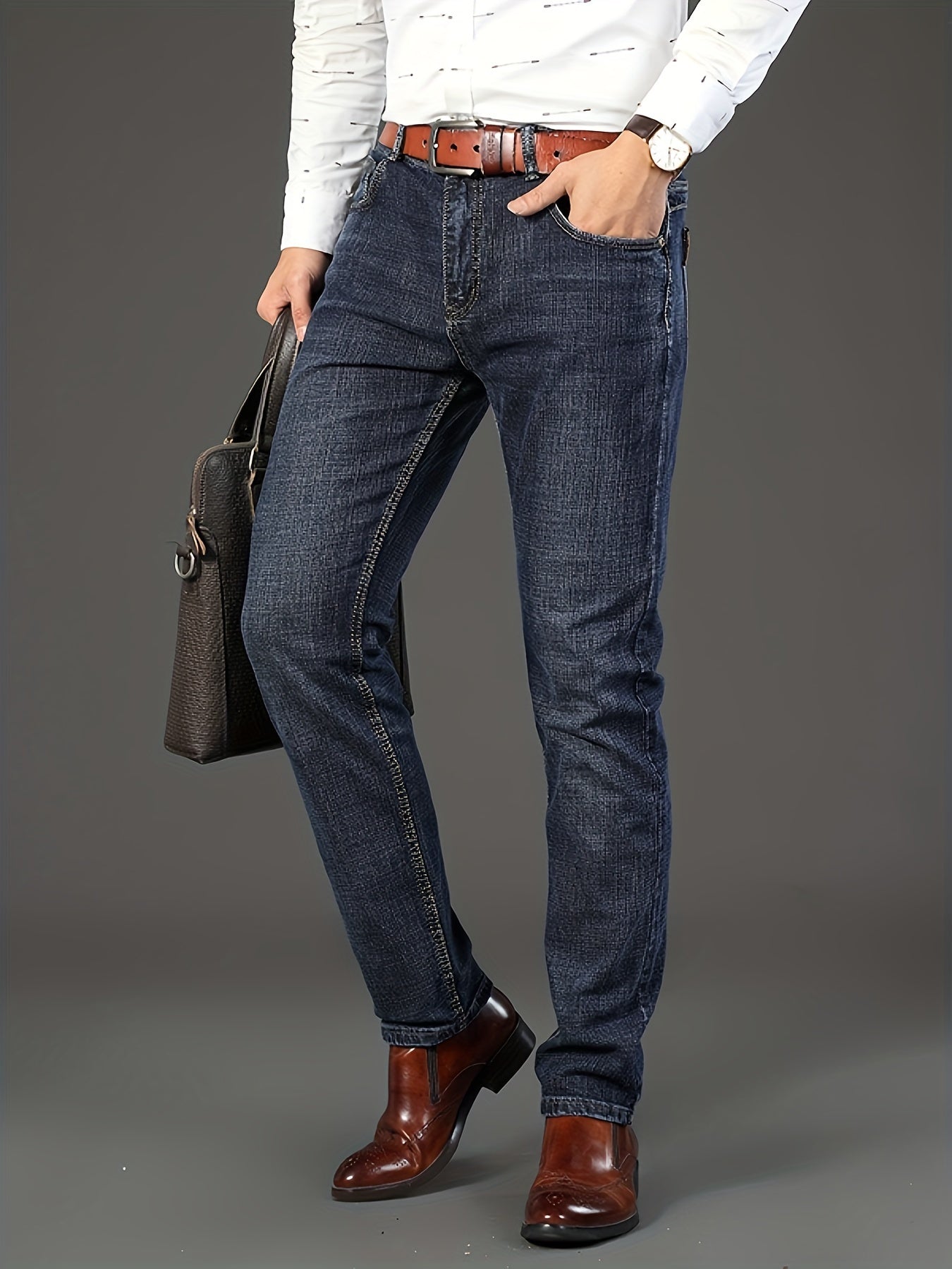 Men's Stretch Denim Trousers, Straight-Leg, Business Casual