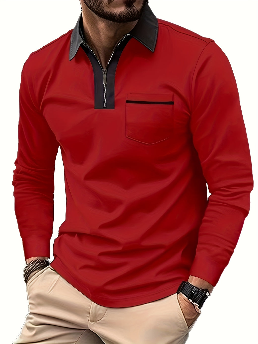 Men's Long-Sleeve Polo Shirt, Lapel Collar, Chest Pocket