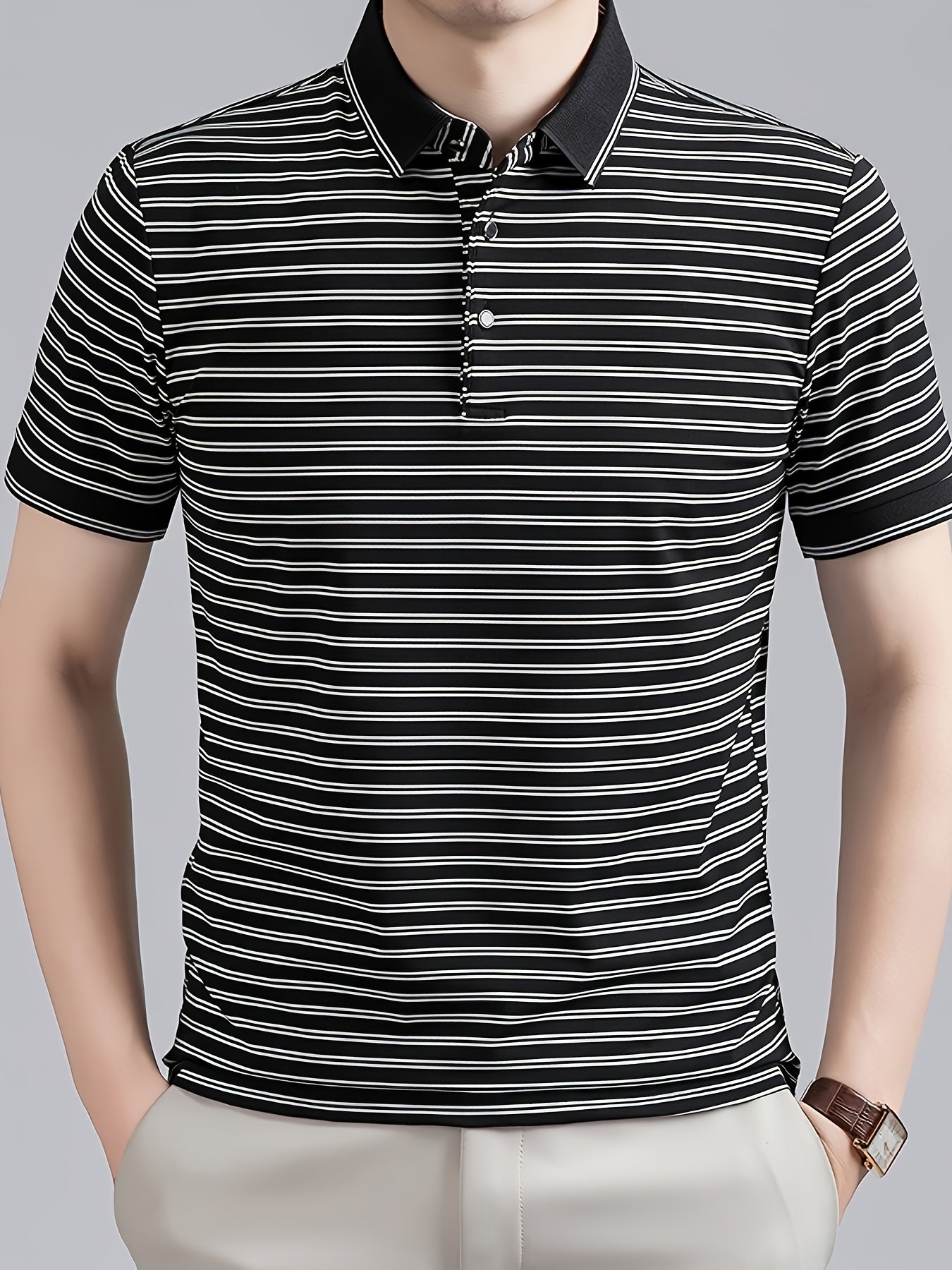 Men's Striped Lapel Polo Shirt, Contrast Short-Sleeve