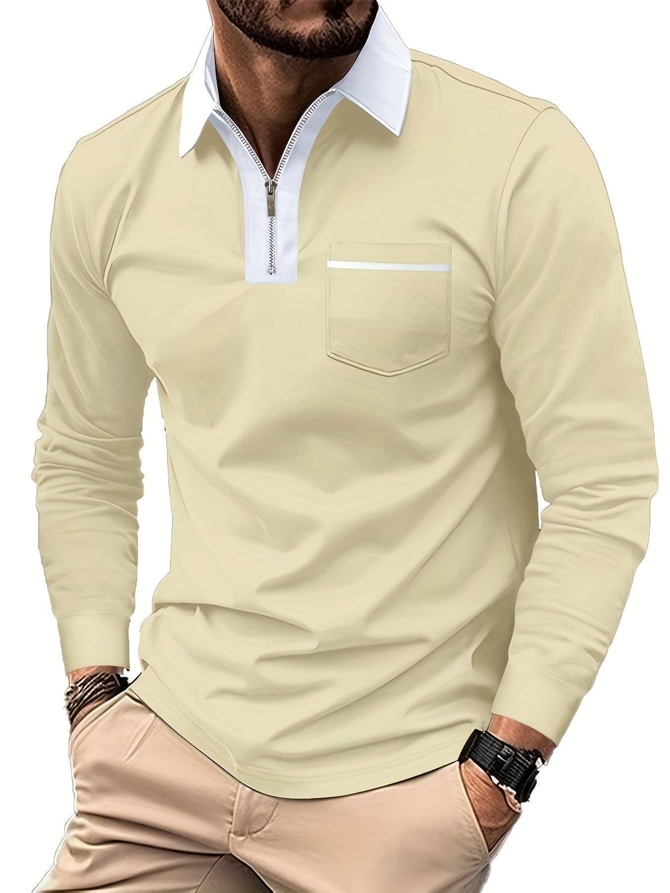 Men's Long-Sleeve Polo Shirt, Lapel Collar, Chest Pocket
