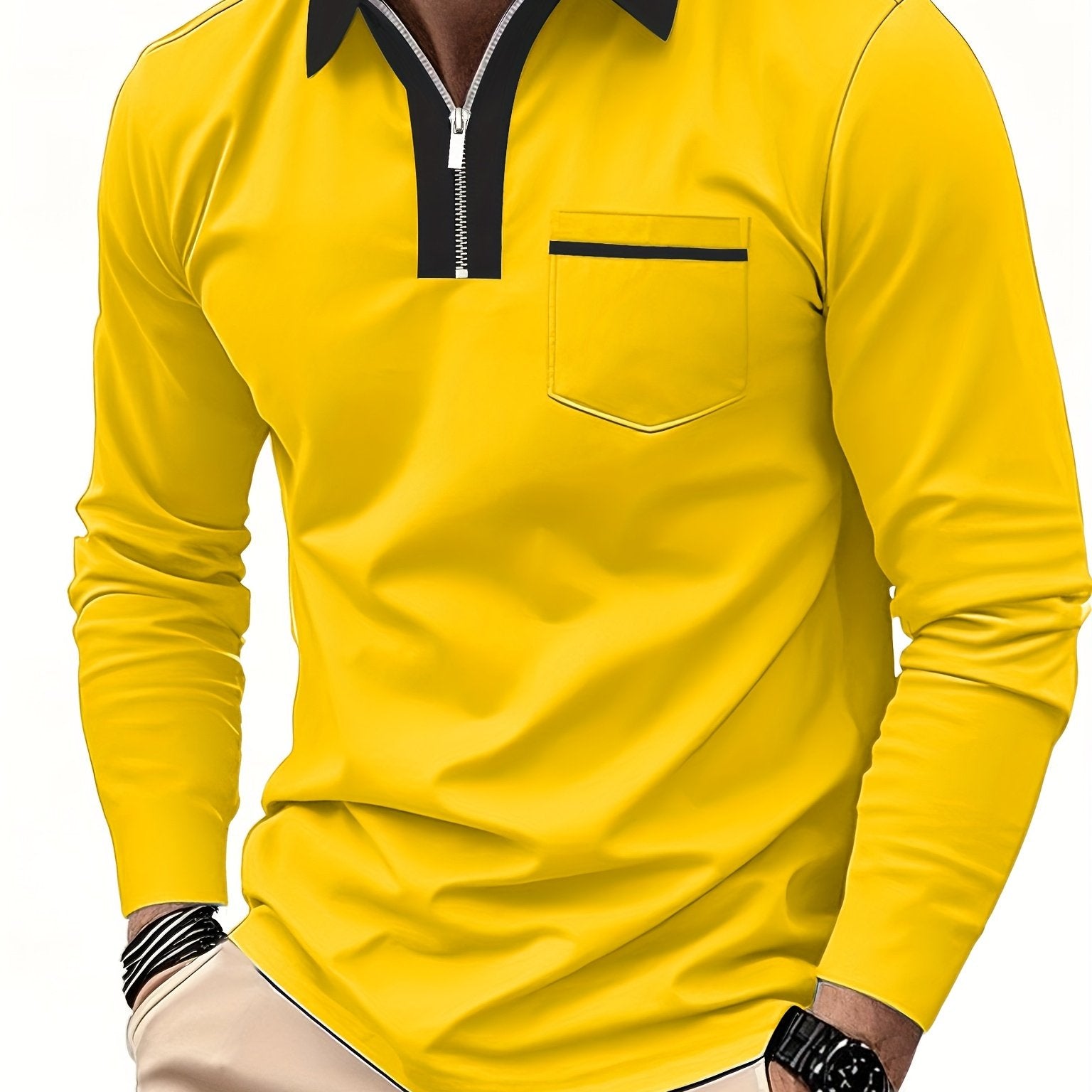 Men's Long-Sleeve Polo Shirt, Lapel Collar, Chest Pocket