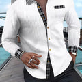 Men's Waffle-Knit Plaid Shirt, Patchwork, Long-Sleeve