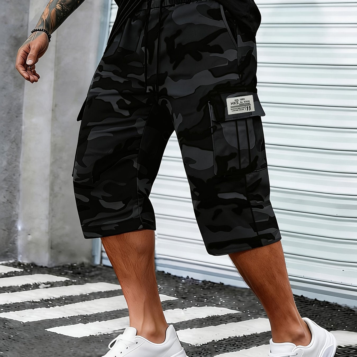 Men's Camo Cargo Capri Shorts, Multi-Pocket, Adjustable Waist