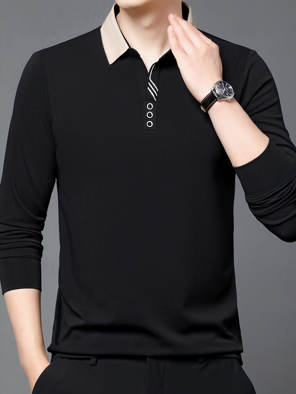 Men's Long-Sleeve Polo Shirt, Lapel Collar, Lightweight