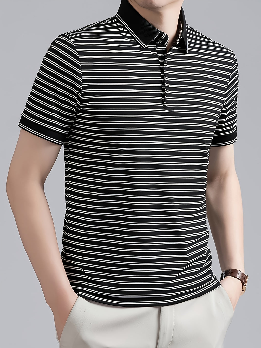 Men's Striped Lapel Polo Shirt, Contrast Short-Sleeve