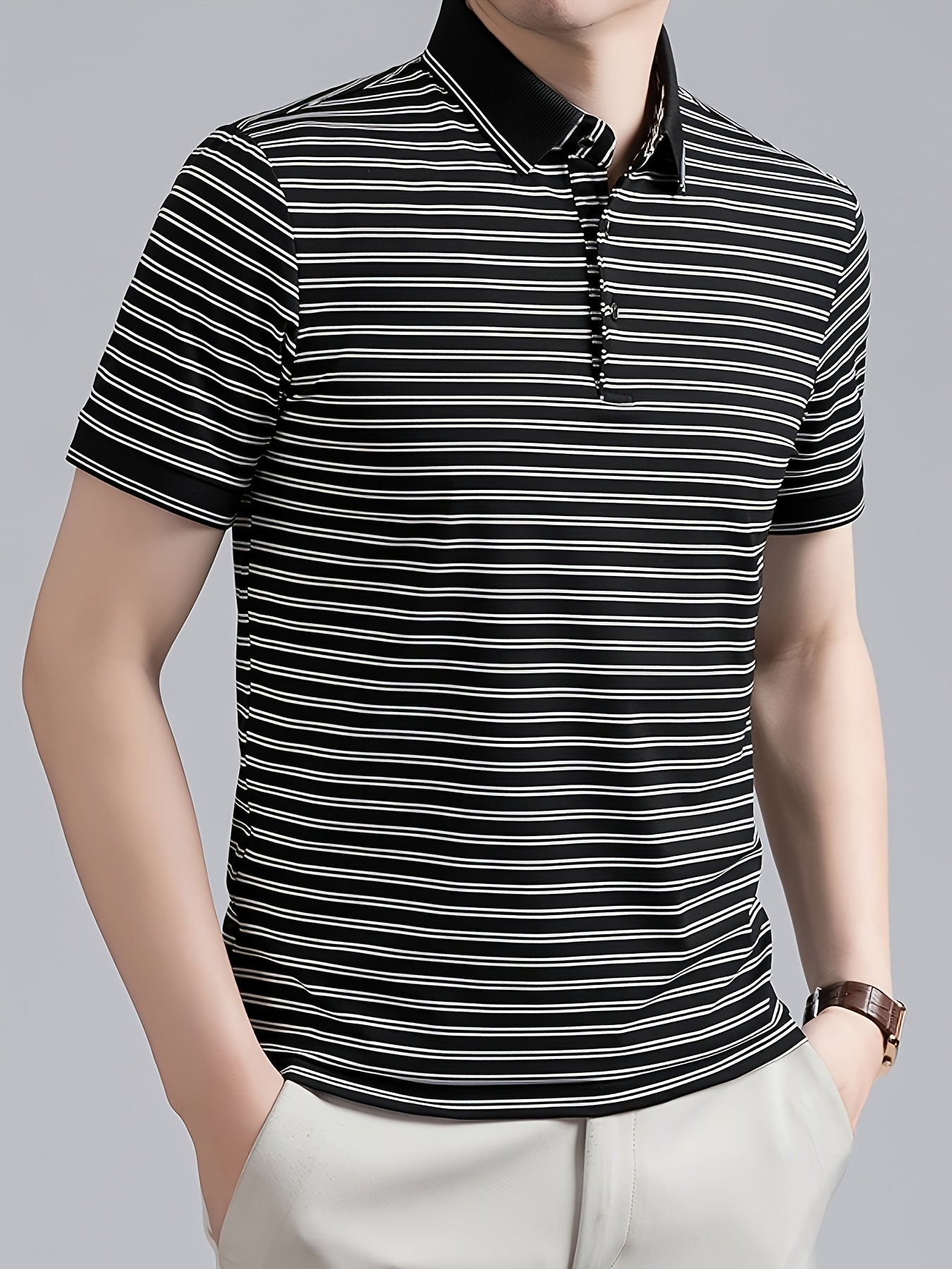 Men's Striped Lapel Polo Shirt, Contrast Short-Sleeve
