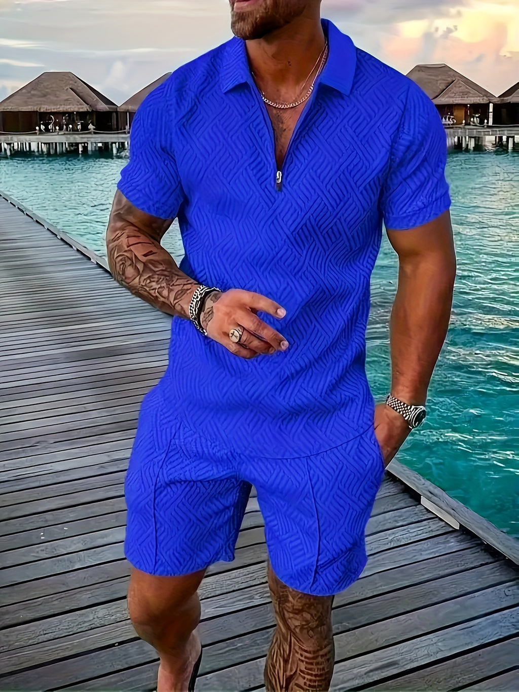 Men's Printed Shirt & Pants Set, Lapel Casual