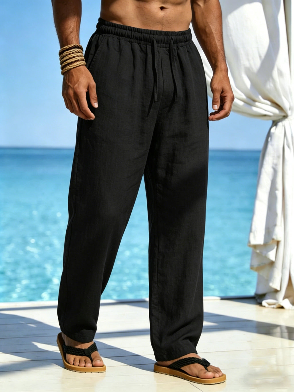 Men's Linen Pants, Drawstring, Relaxed Straight-Leg
