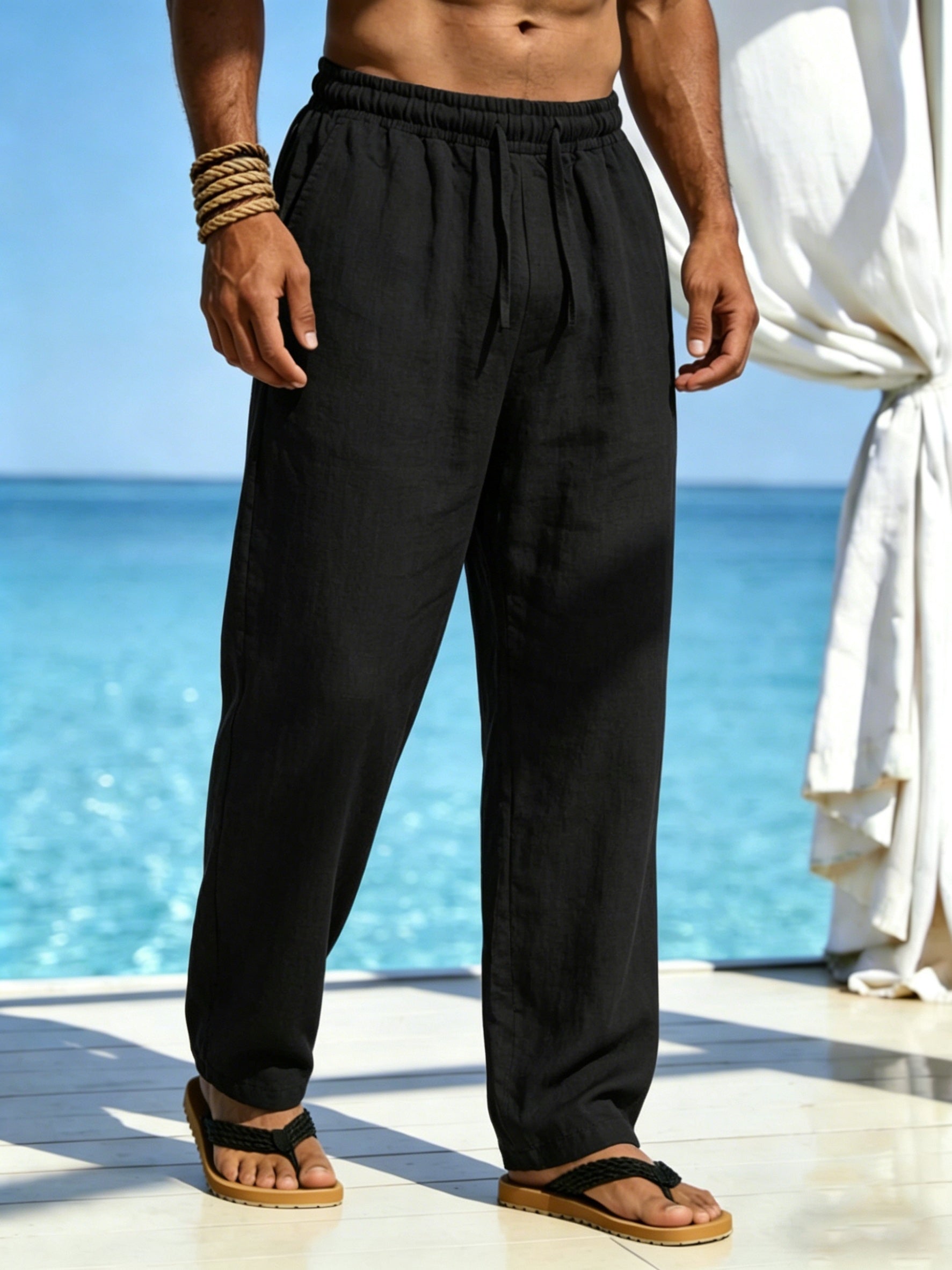 Men's Linen Pants, Drawstring, Relaxed Straight-Leg
