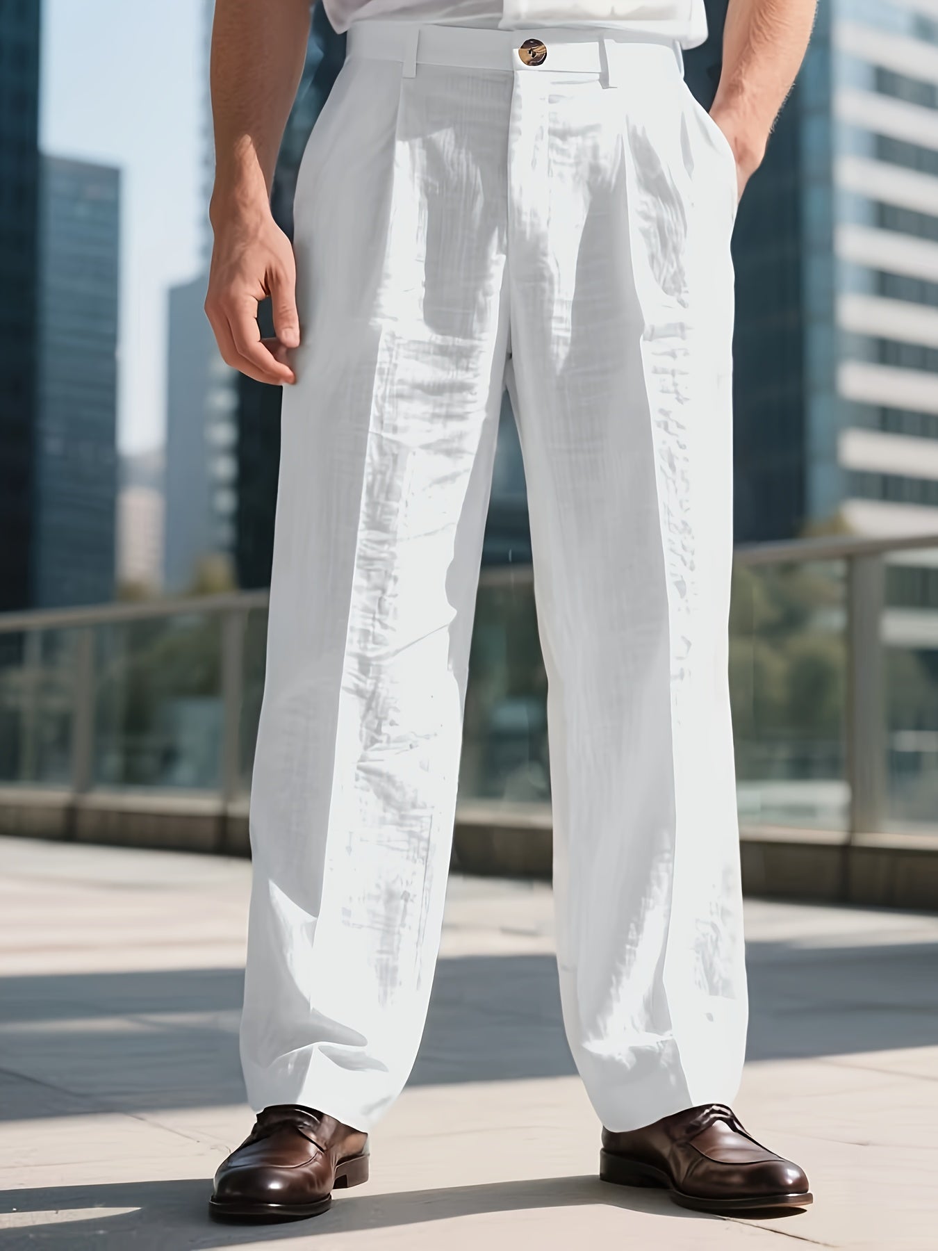 Men's Linen-Blend Trousers, Khaki, Straight-Leg Business Casual