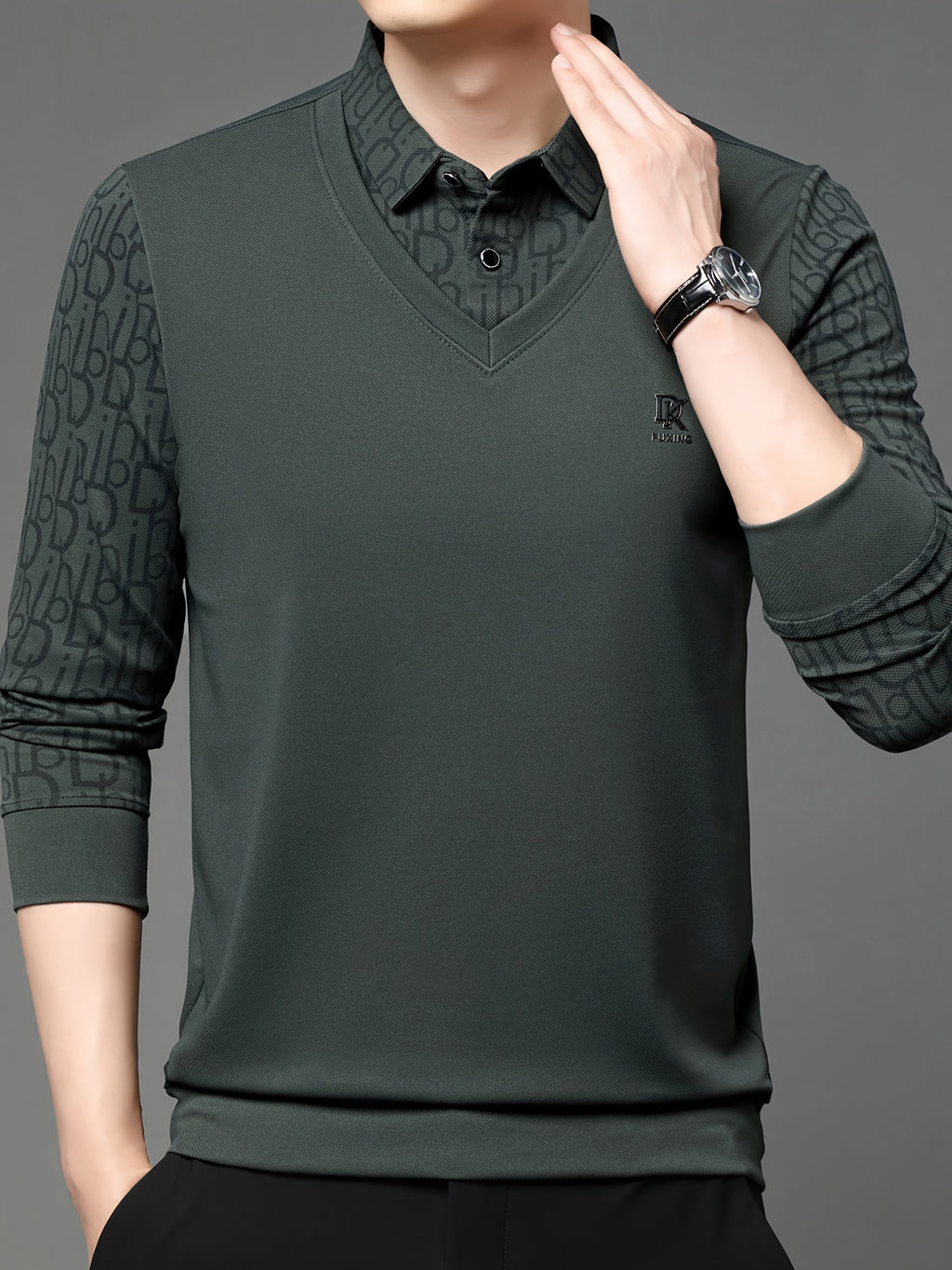 Men's Long-Sleeve Polo Shirt, Layered-Look Lapel