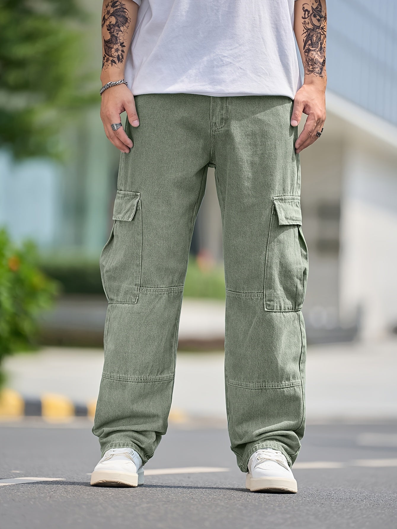 Men's Cargo Jeans, Loose Straight-Leg, Washed Denim