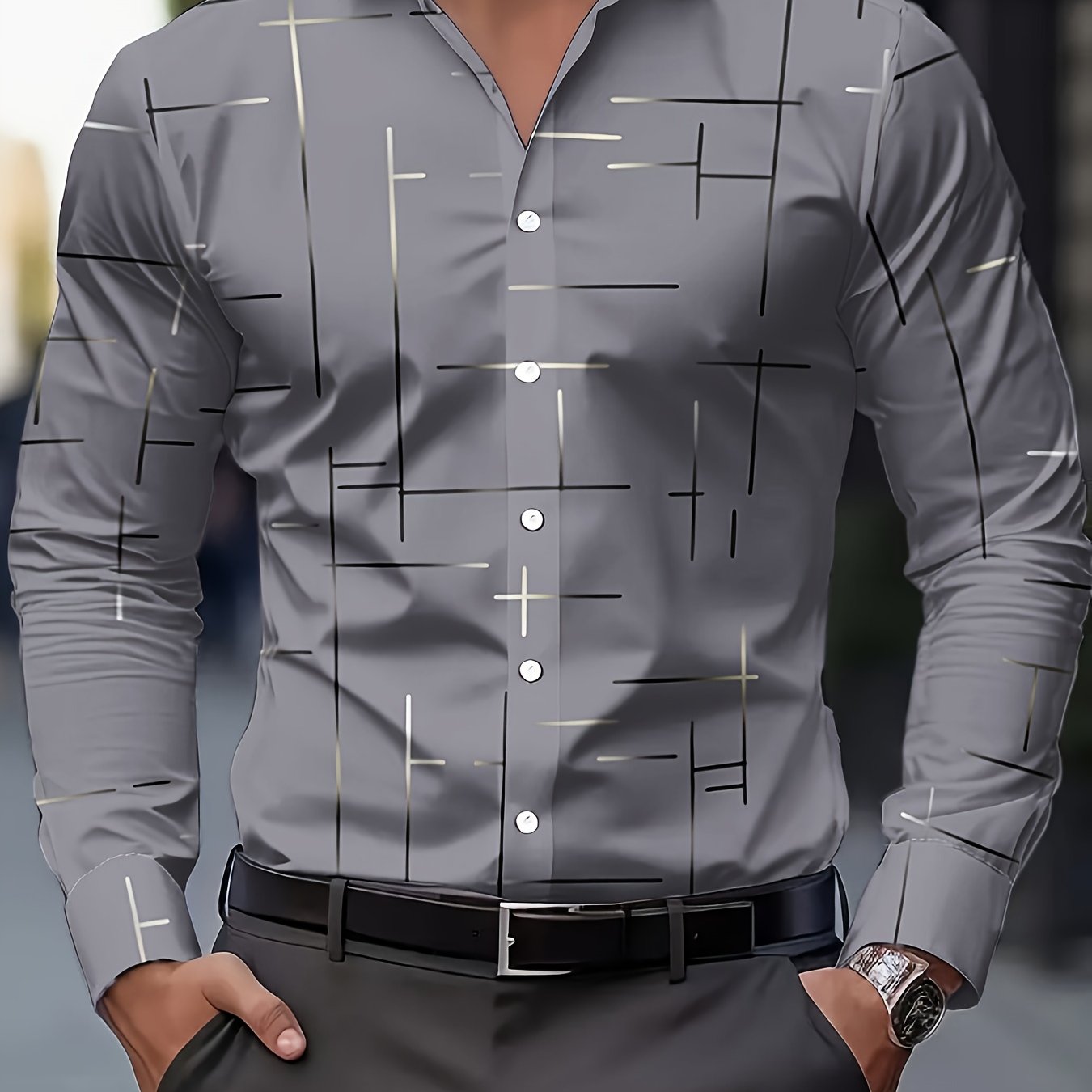 Men's Long-Sleeve Shirt, Geometric Print, Button-Up