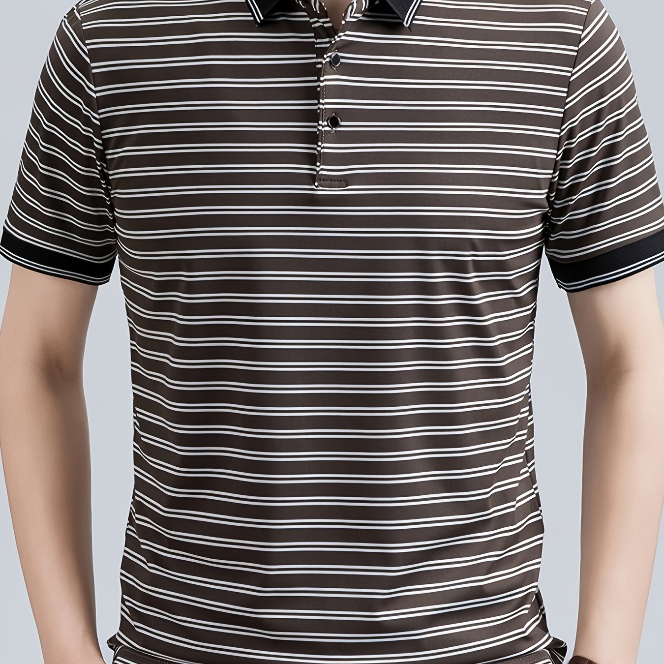 Men's Striped Lapel Polo Shirt, Contrast Short-Sleeve