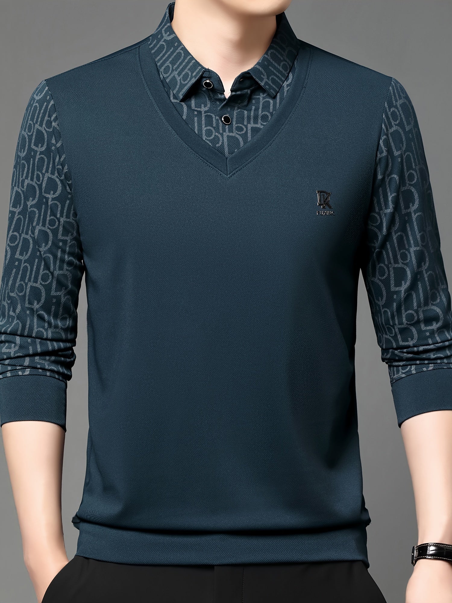 Men's Long-Sleeve Polo Shirt, Layered-Look Lapel