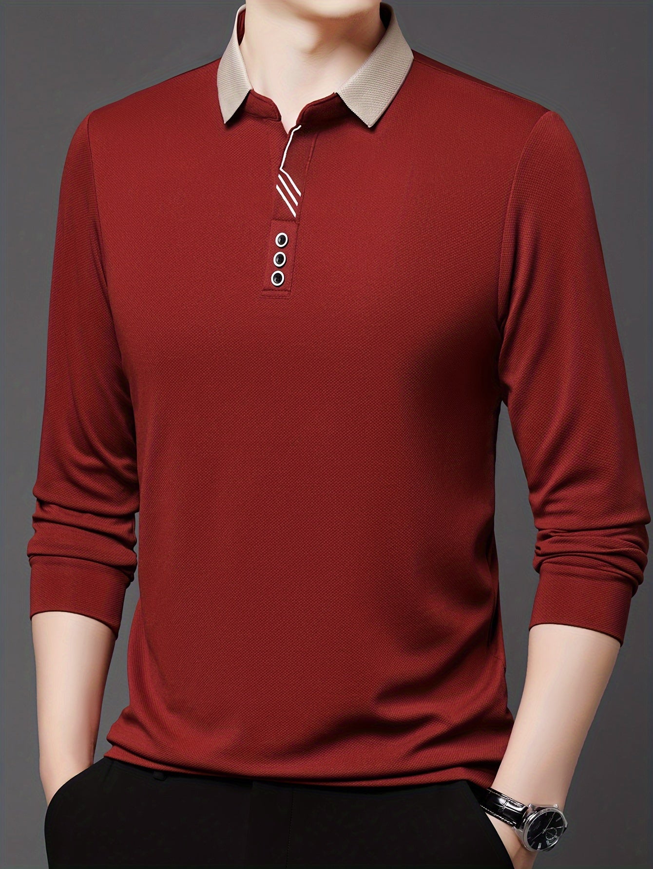 Men's Long-Sleeve Polo Shirt, Lapel Collar, Lightweight