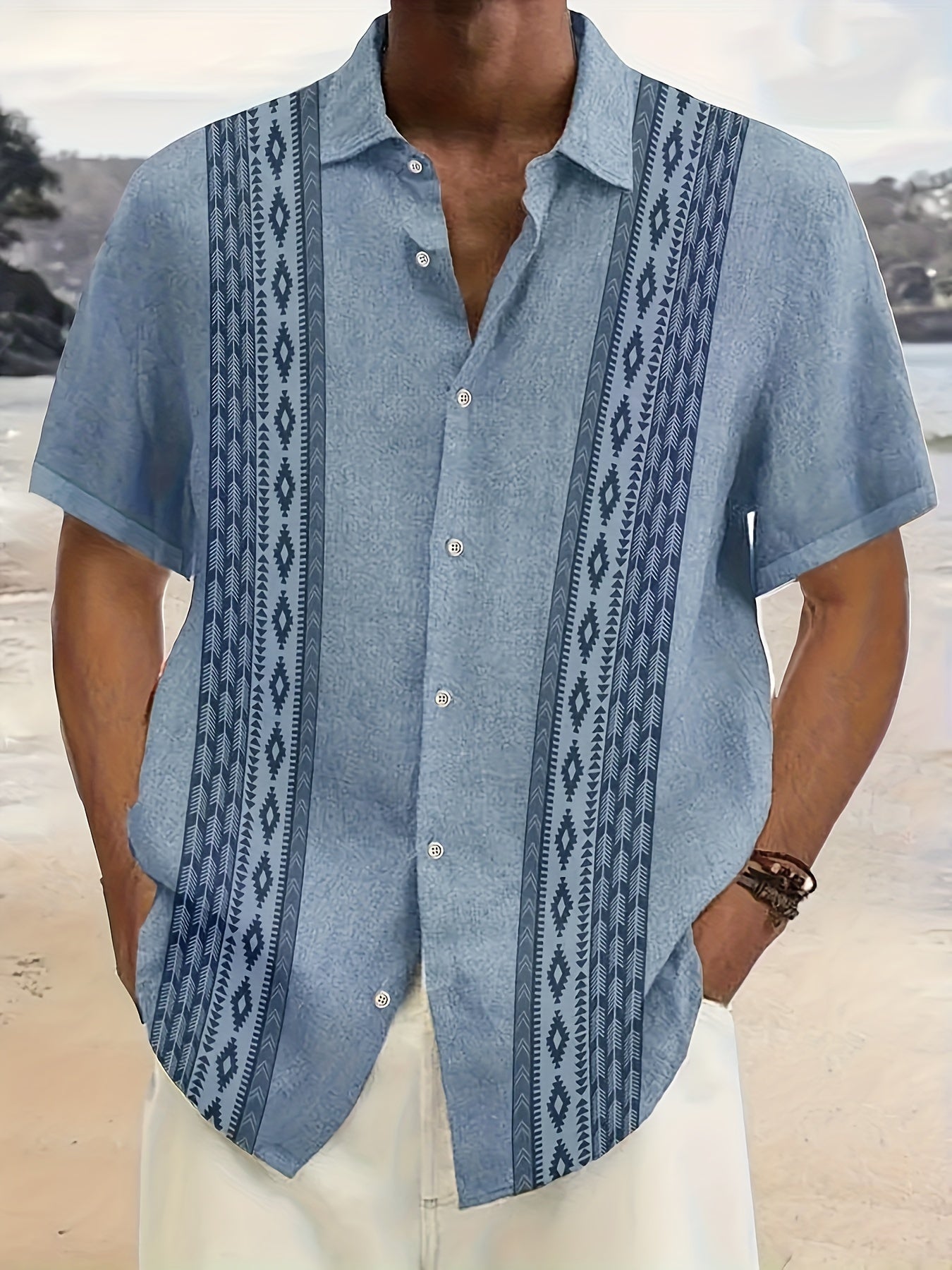 Men's Hawaiian Shirt, Geometric Print, Lapel