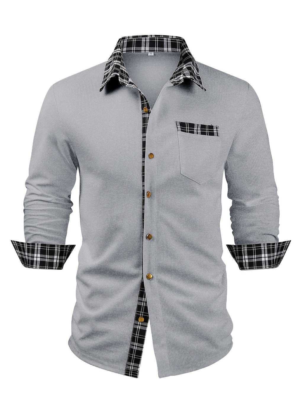 Men's Waffle-Knit Plaid Shirt, Patchwork, Long-Sleeve
