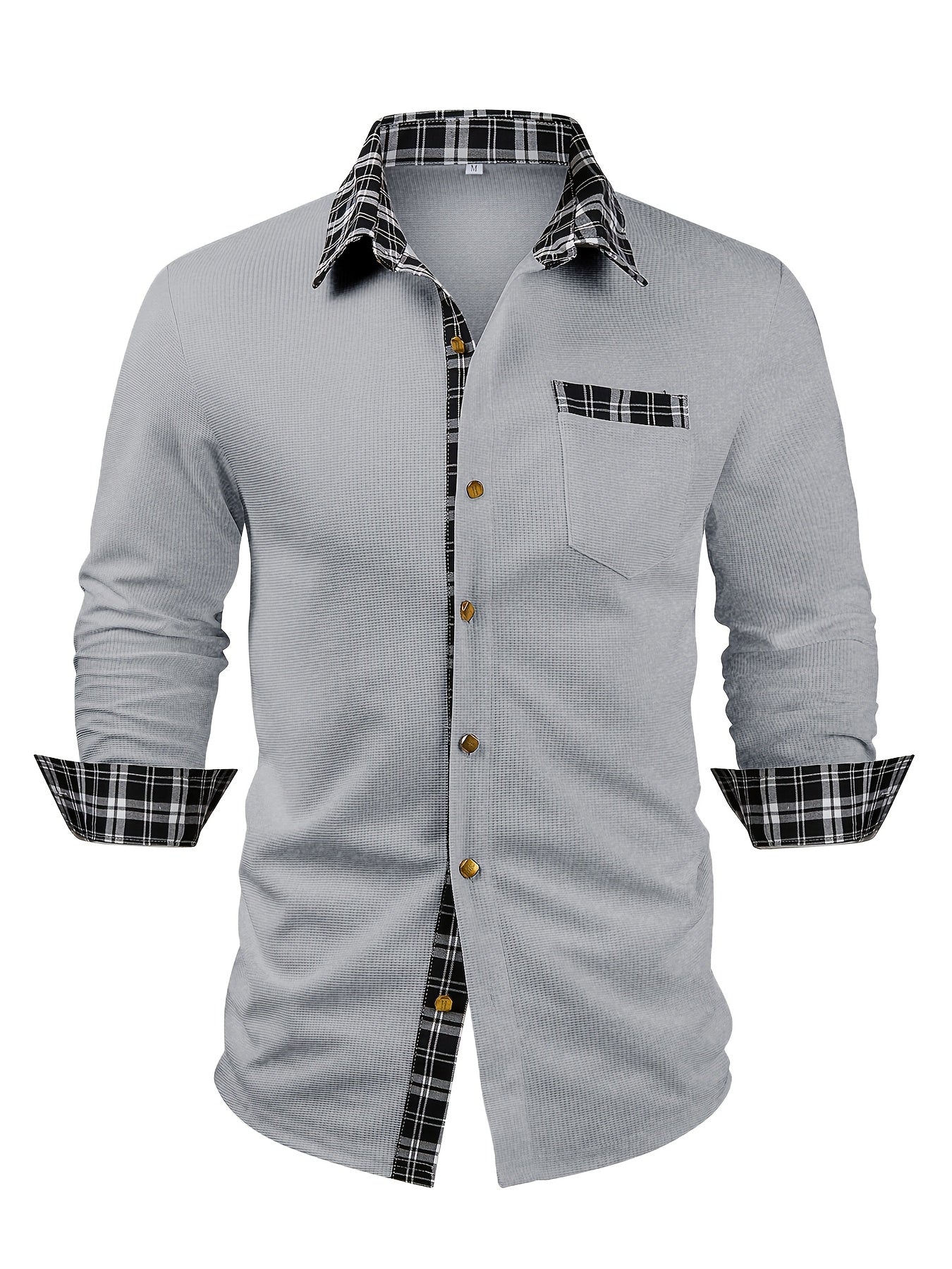 Men's Waffle-Knit Plaid Shirt, Patchwork, Long-Sleeve