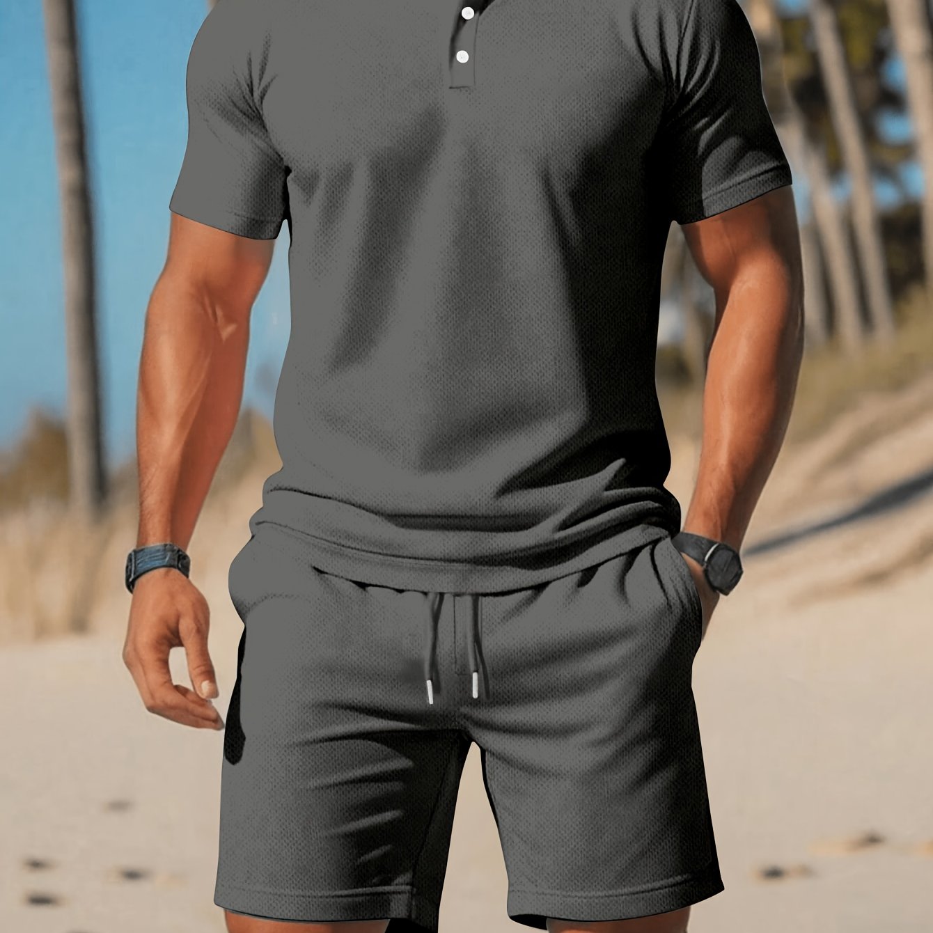 Men's Shirt & Shorts Set, Solid Business Casual