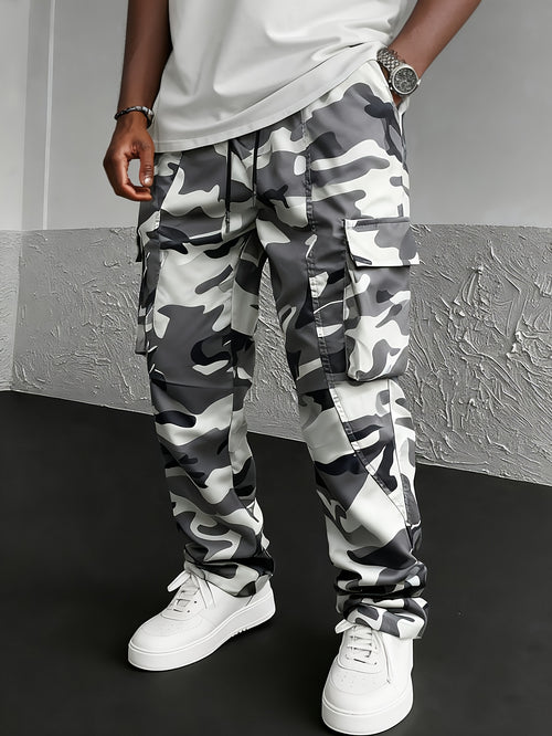 Men's Camo Cargo Pants, Flap Pockets, Drawstring Waist
