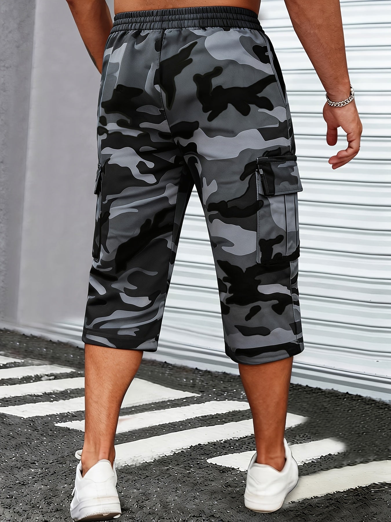Men's Camo Cargo Capri Shorts, Multi-Pocket, Adjustable Waist