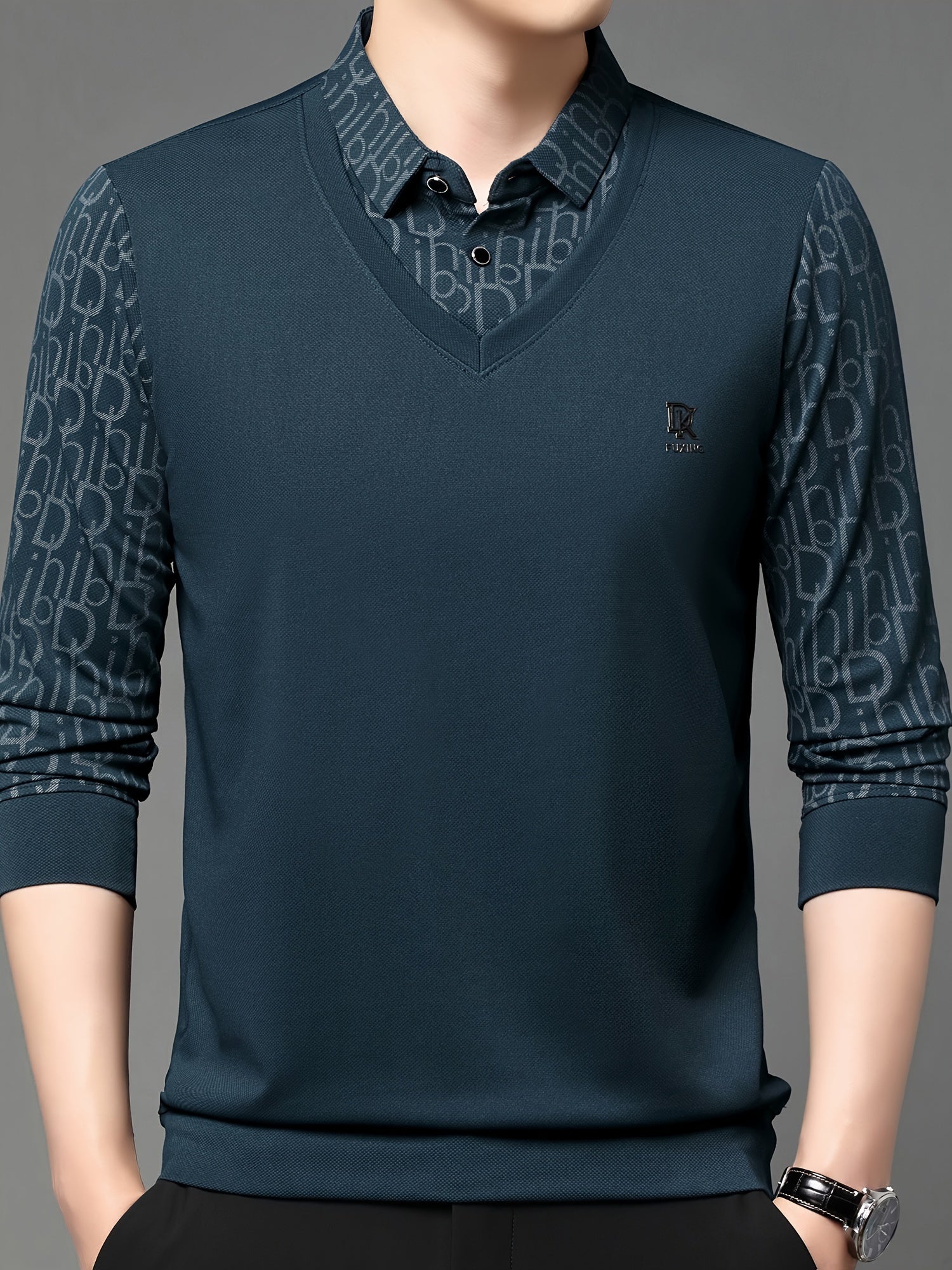 Men's Long-Sleeve Polo Shirt, Layered-Look Lapel