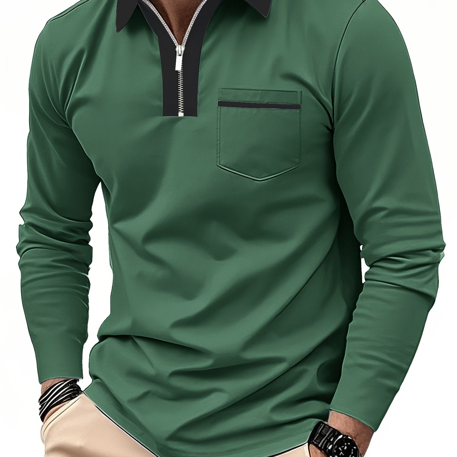 Men's Long-Sleeve Polo Shirt, Lapel Collar, Chest Pocket