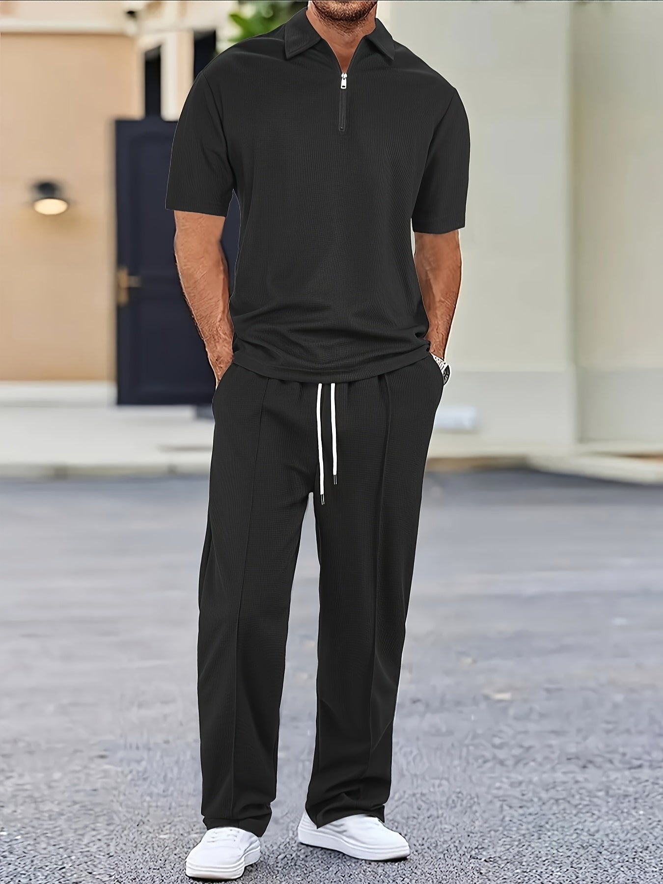 Men's Waffle-Knit Shirt & Pants Set, Zip Lapel