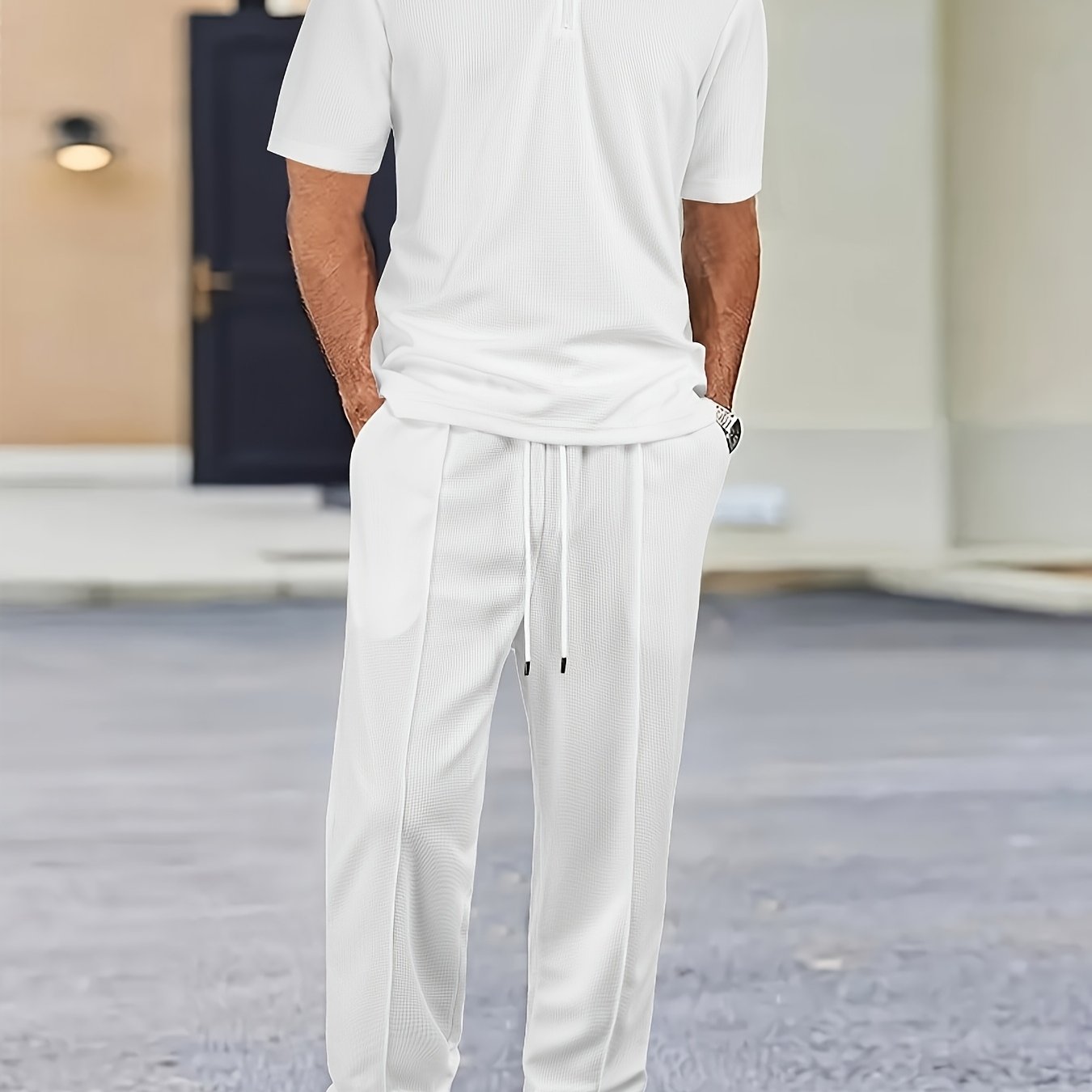 Men's Waffle-Knit Shirt & Pants Set, Zip Lapel