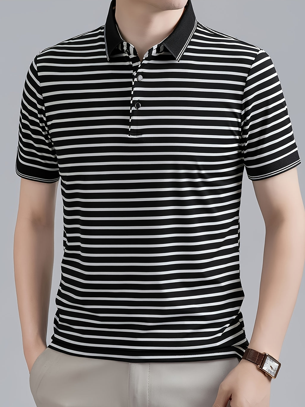 Men's Striped Polo Shirt, Short-Sleeve Lapel Collar