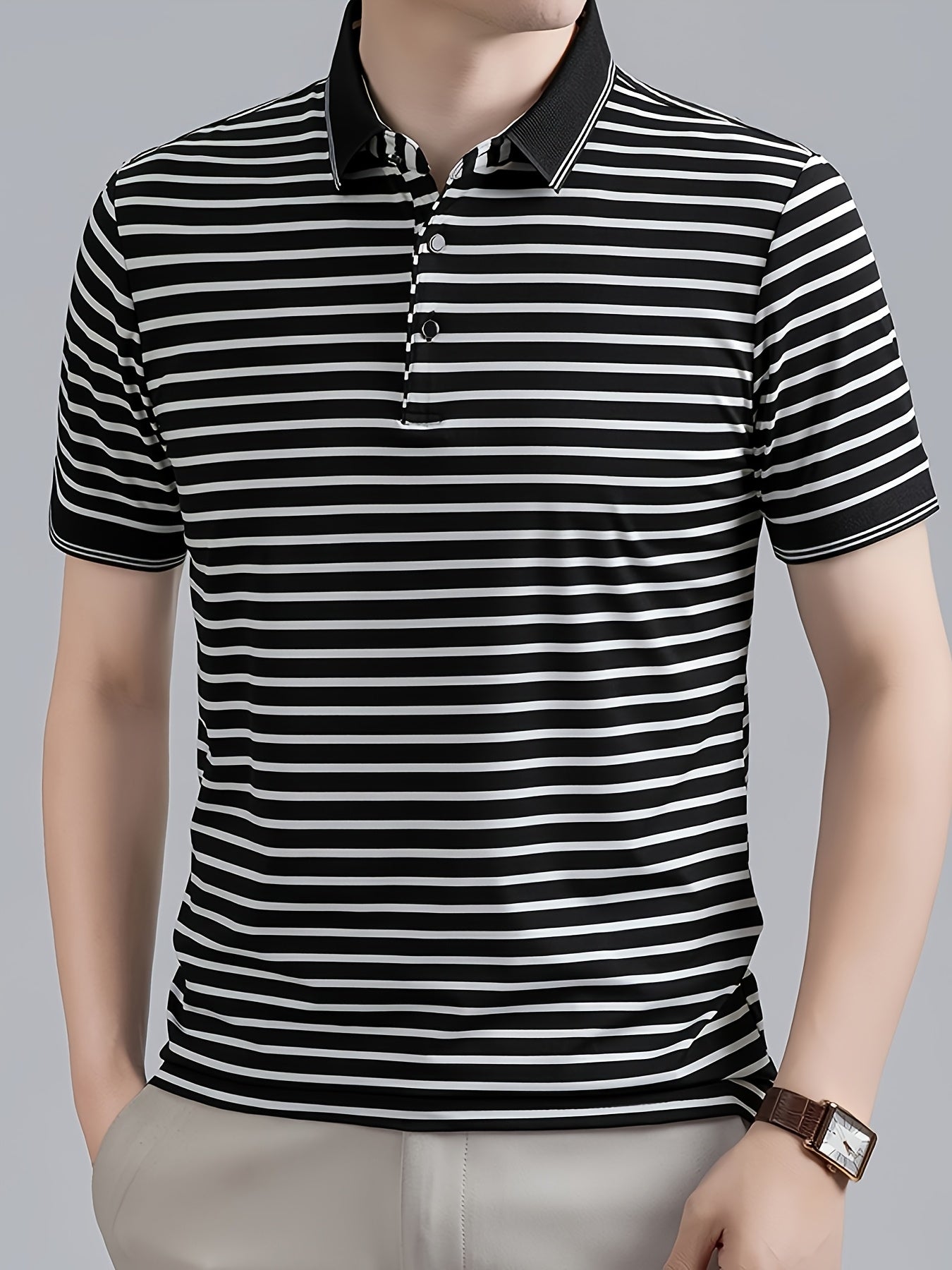 Men's Striped Polo Shirt, Short-Sleeve Lapel Collar