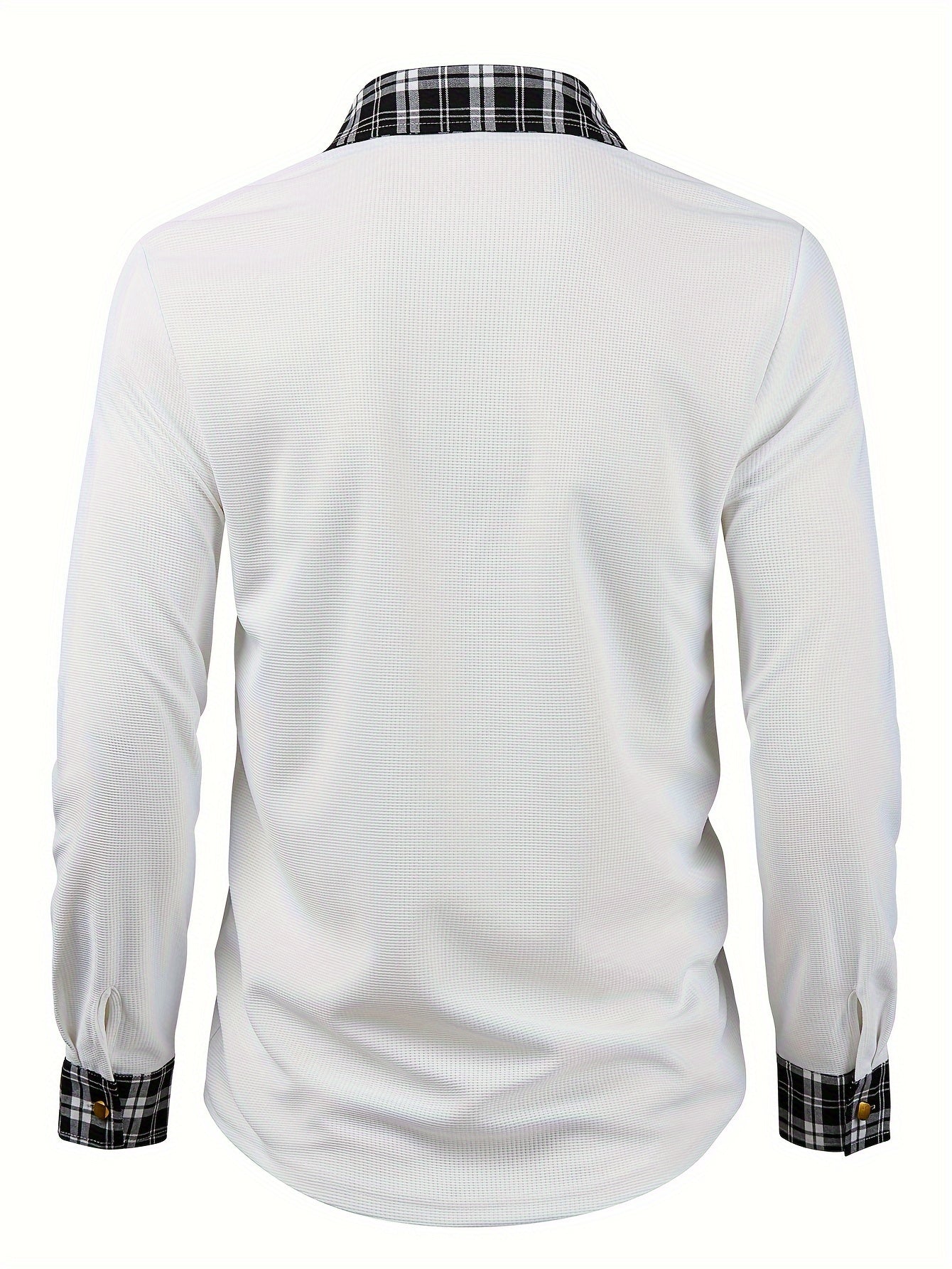 Men's Waffle-Knit Plaid Shirt, Patchwork, Long-Sleeve