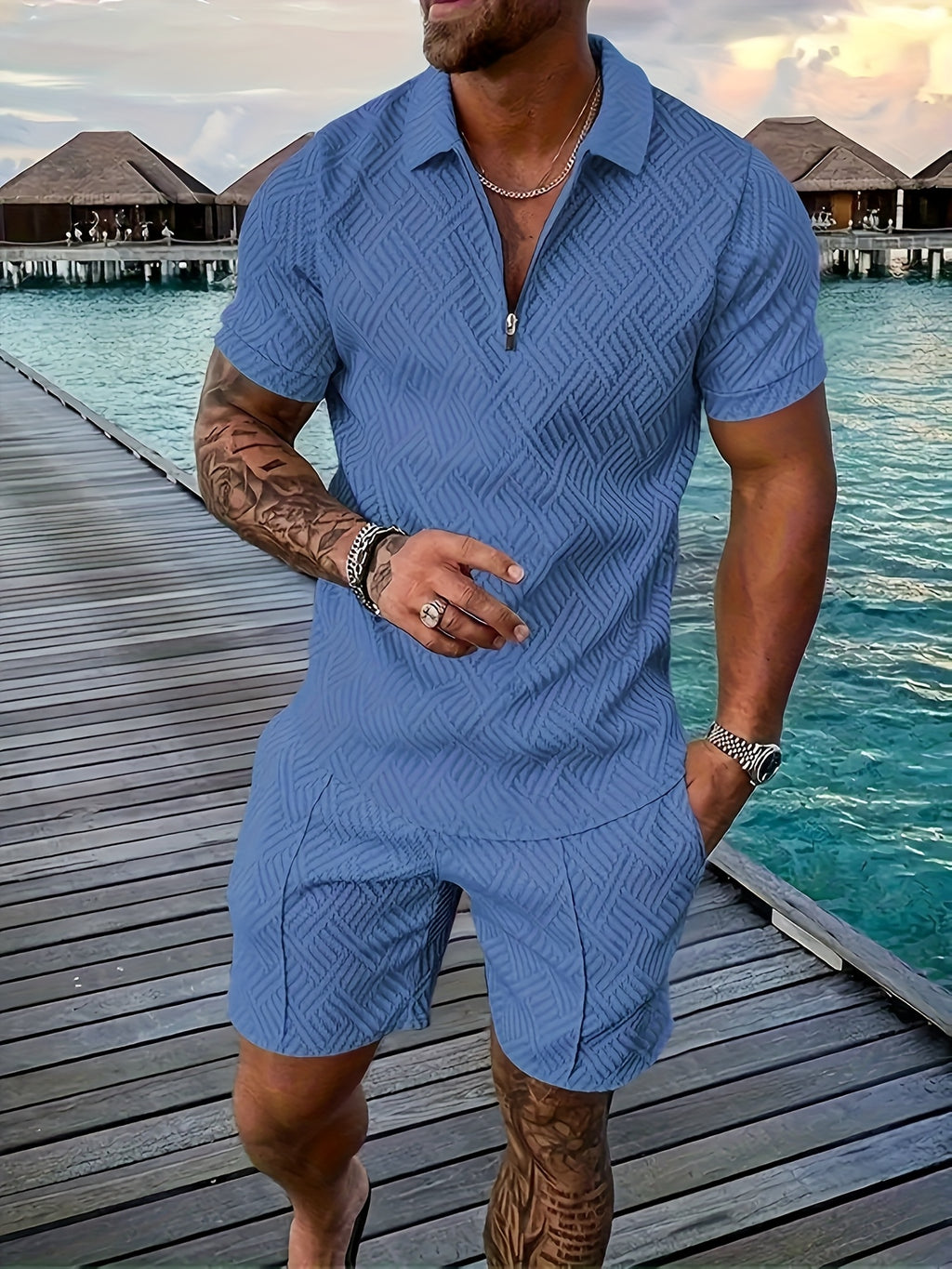 Men's Printed Shirt & Pants Set, Lapel Casual