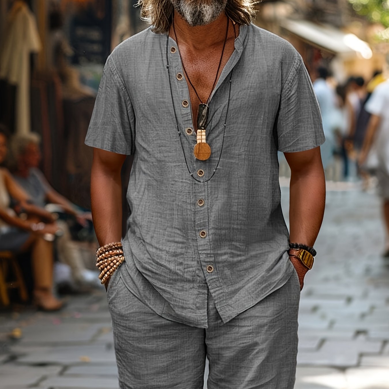 Men's Cardigan Shirt & Shorts Set, Short-Sleeve
