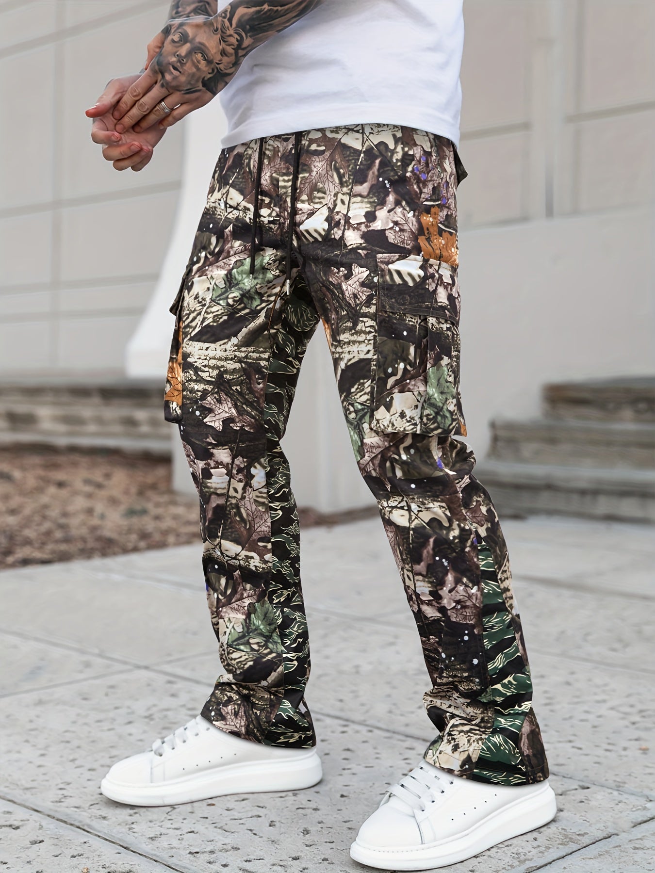 Men's Flare-Leg Cargo Pants, Printed, Elastic Waist