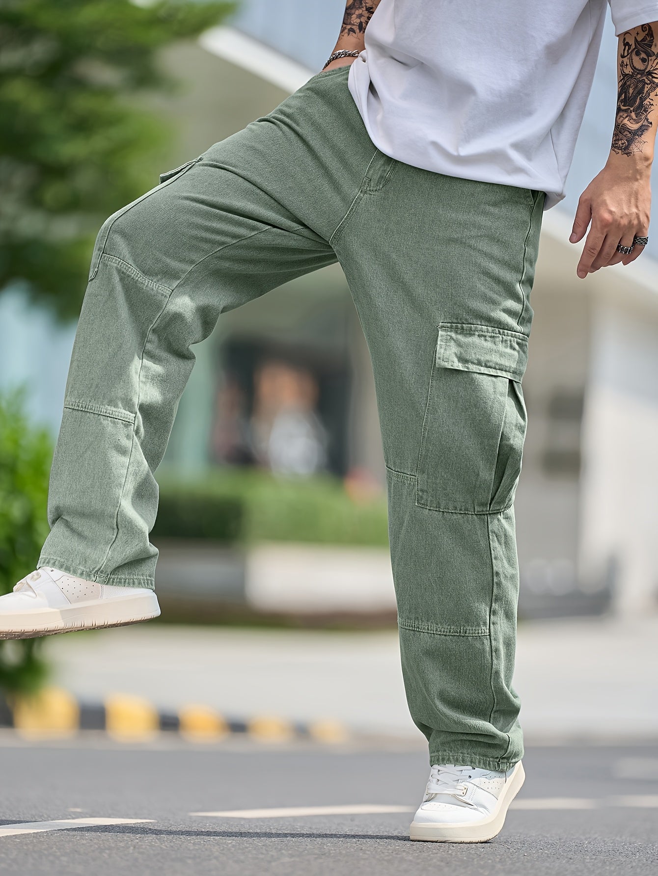 Men's Cargo Jeans, Loose Straight-Leg, Washed Denim