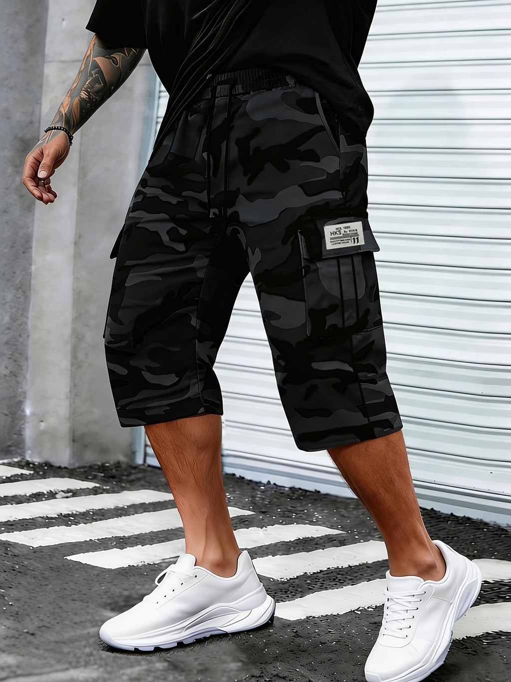 Men's Camo Cargo Capri Shorts, Multi-Pocket, Adjustable Waist
