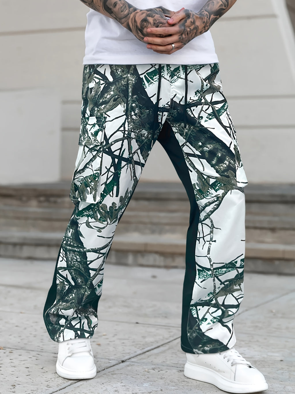 Men's Flare-Leg Cargo Pants, Printed, Elastic Waist