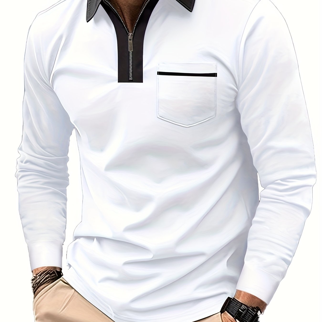 Men's Long-Sleeve Polo Shirt, Lapel Collar, Chest Pocket