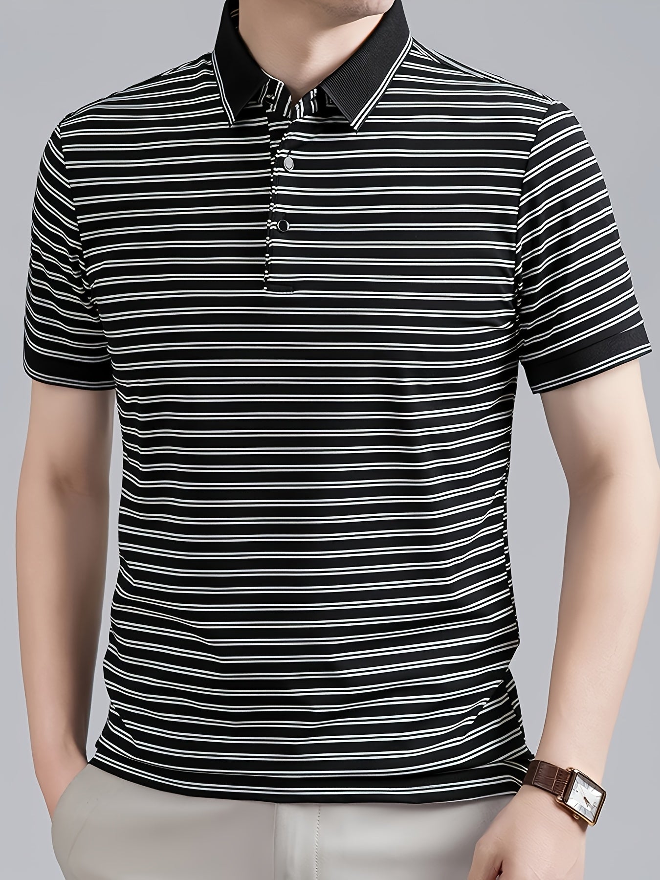 Men's Striped Lapel Polo Shirt, Contrast Short-Sleeve