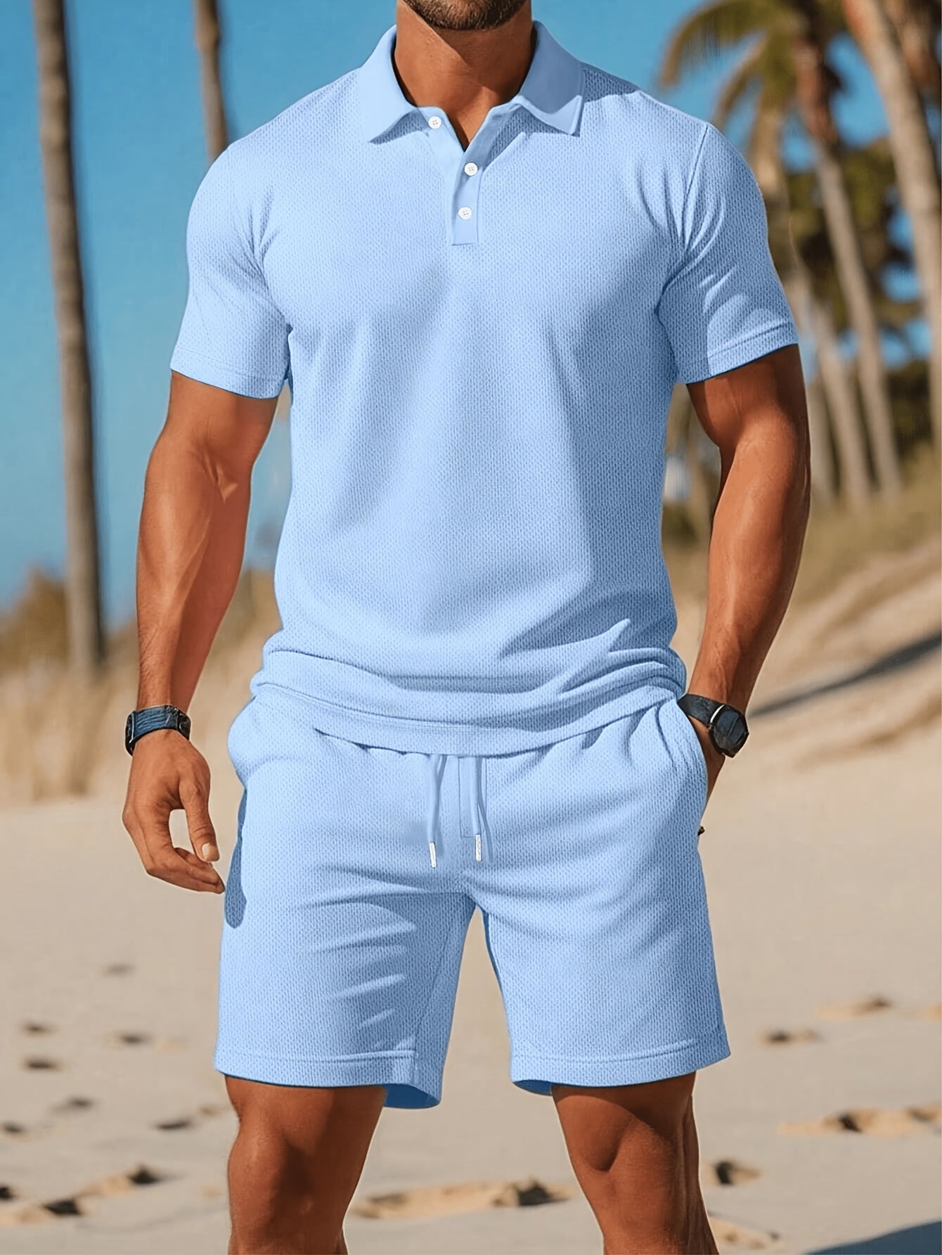 Men's Shirt & Shorts Set, Solid Business Casual