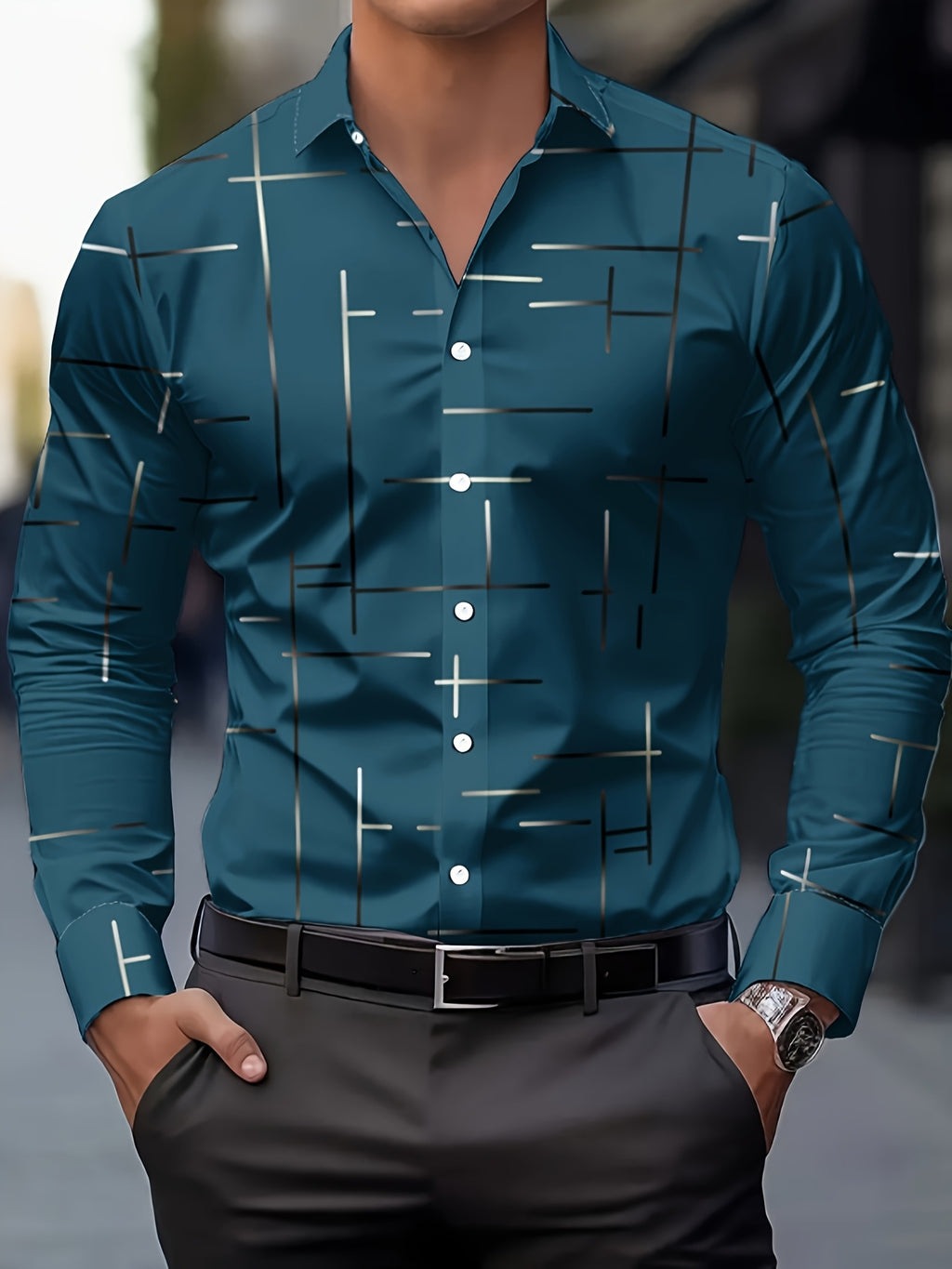 Men's Long-Sleeve Shirt, Geometric Print, Button-Up