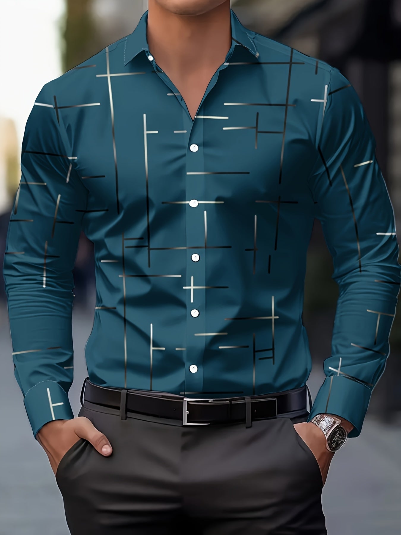 Men's Long-Sleeve Shirt, Geometric Print, Button-Up