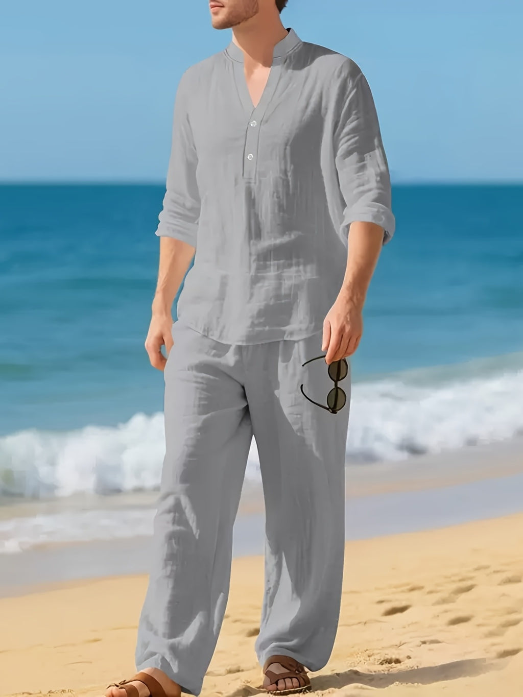 Men's Linen Shirt & Pants Set, V-Neck Long-Sleeve