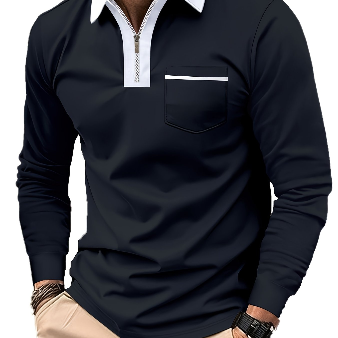 Men's Long-Sleeve Polo Shirt, Lapel Collar, Chest Pocket